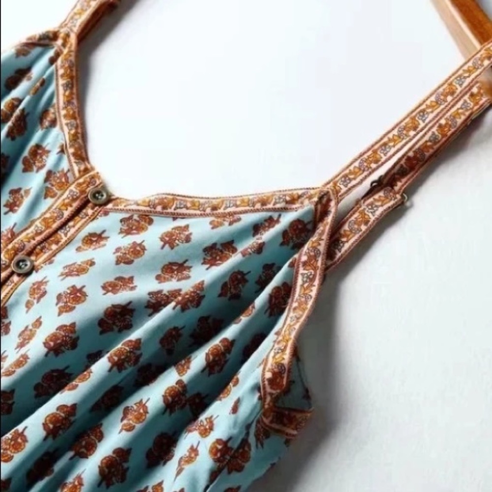 Teal & Orange Floral Ornate Bohemian Gyspy Button Front Tank Summer Casual Dress - Picture 7 of 9